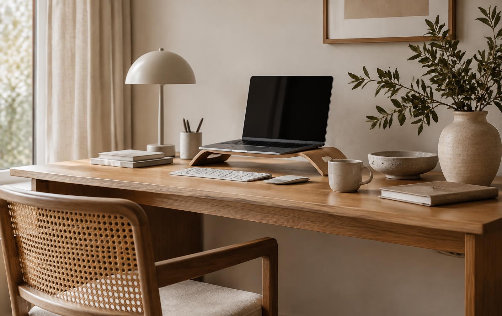 A calm home office with oak desk and warm neutral objects